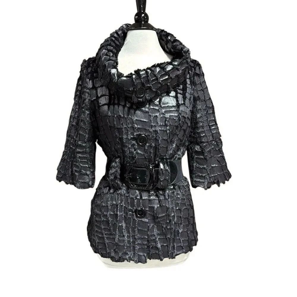 Ethyl Women’s Black Faux Fur Sheared Belted 1/4 Sleeve Jacket Size Small